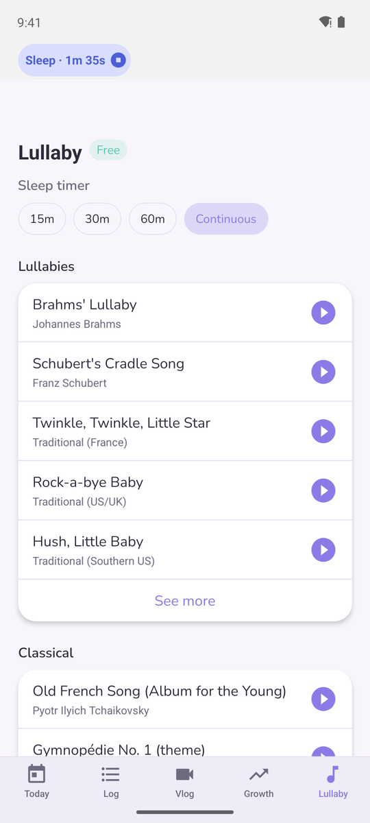 Nanna's lullaby list with a sleep timer